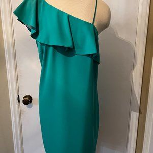 GIANNI BINNI Size 8 green asymmetrical one shoulder cocktail dress.